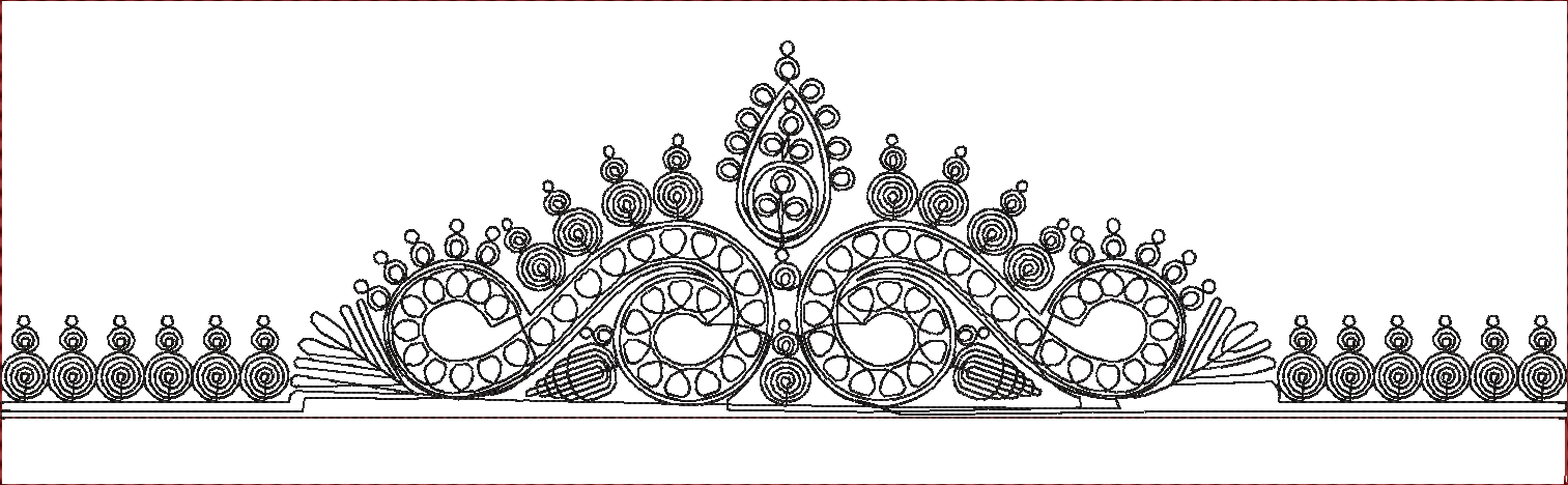 Embroidery design: A black and white embroidery design of a decorative, ornamental crown with symmetrical, mirrored geometric patterns and 