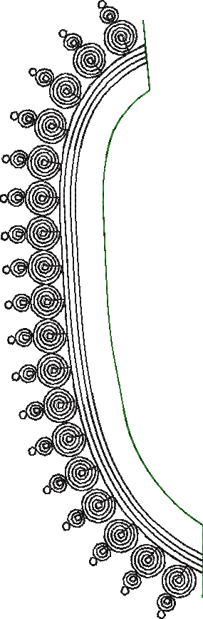 Embroidery design: An ornamental embroidery design featuring a curved border with concentric lines and repeating circular spiral motifs, ac