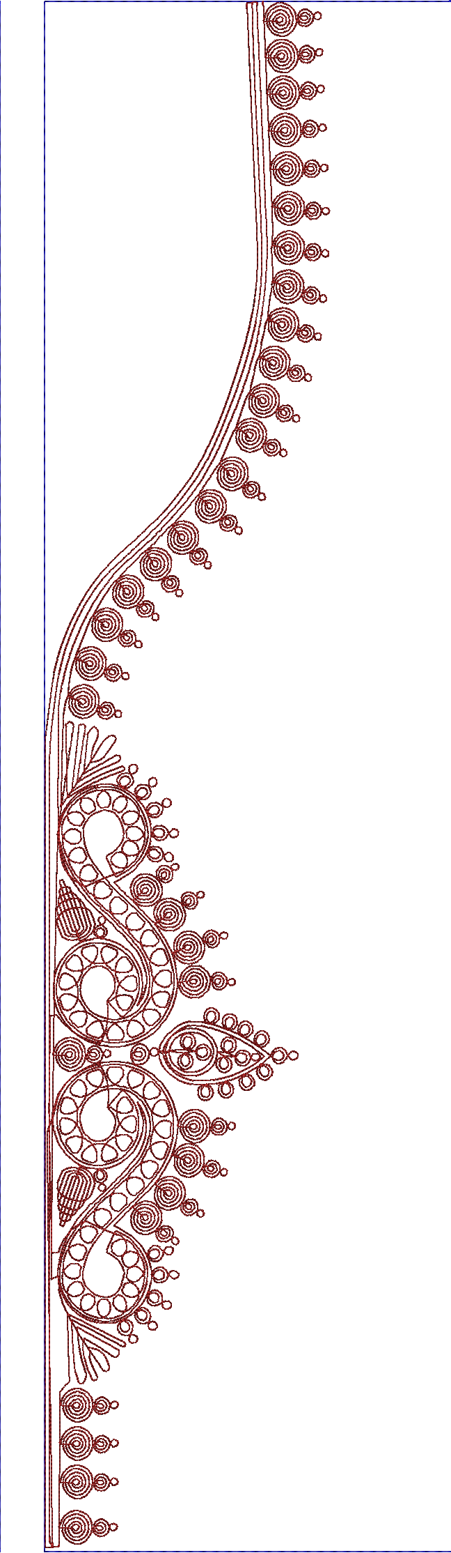 Embroidery design: A decorative maroon embroidery design featuring scrollwork and geometric patterns, suitable as a border or trim.