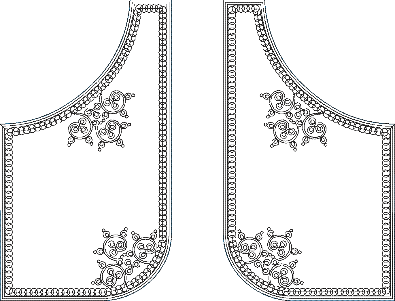 Embroidery design: Two mirrored black and white embroidery design panels for a garment's front, featuring intricate borders of circular mot