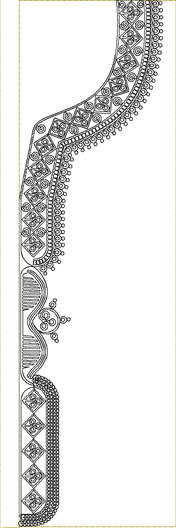 Embroidery design: A black and white embroidery design featuring intricate scrollwork, diamond shapes, and circular motifs in a symmetrical