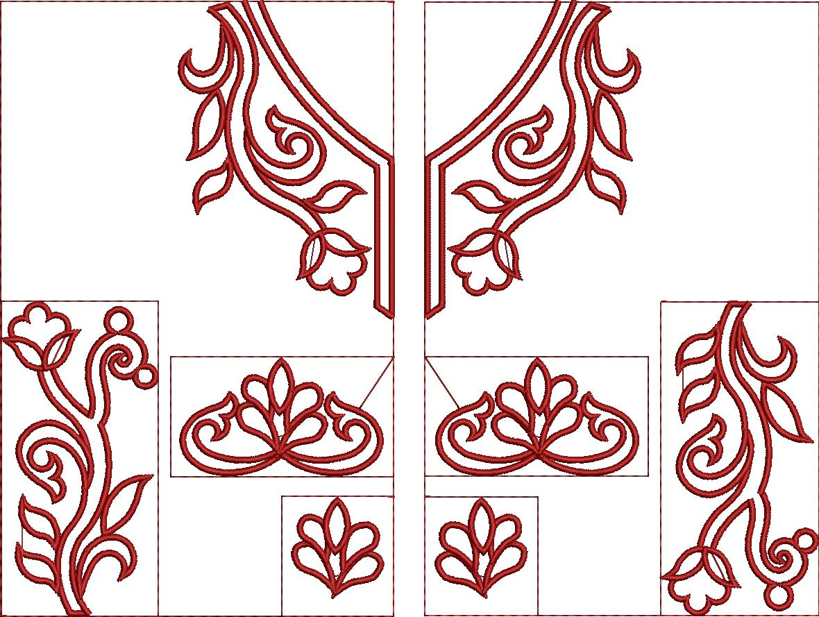 Embroidery design: A red embroidery design featuring symmetrical and mirrored floral and vine motifs in a traditional and decorative orname