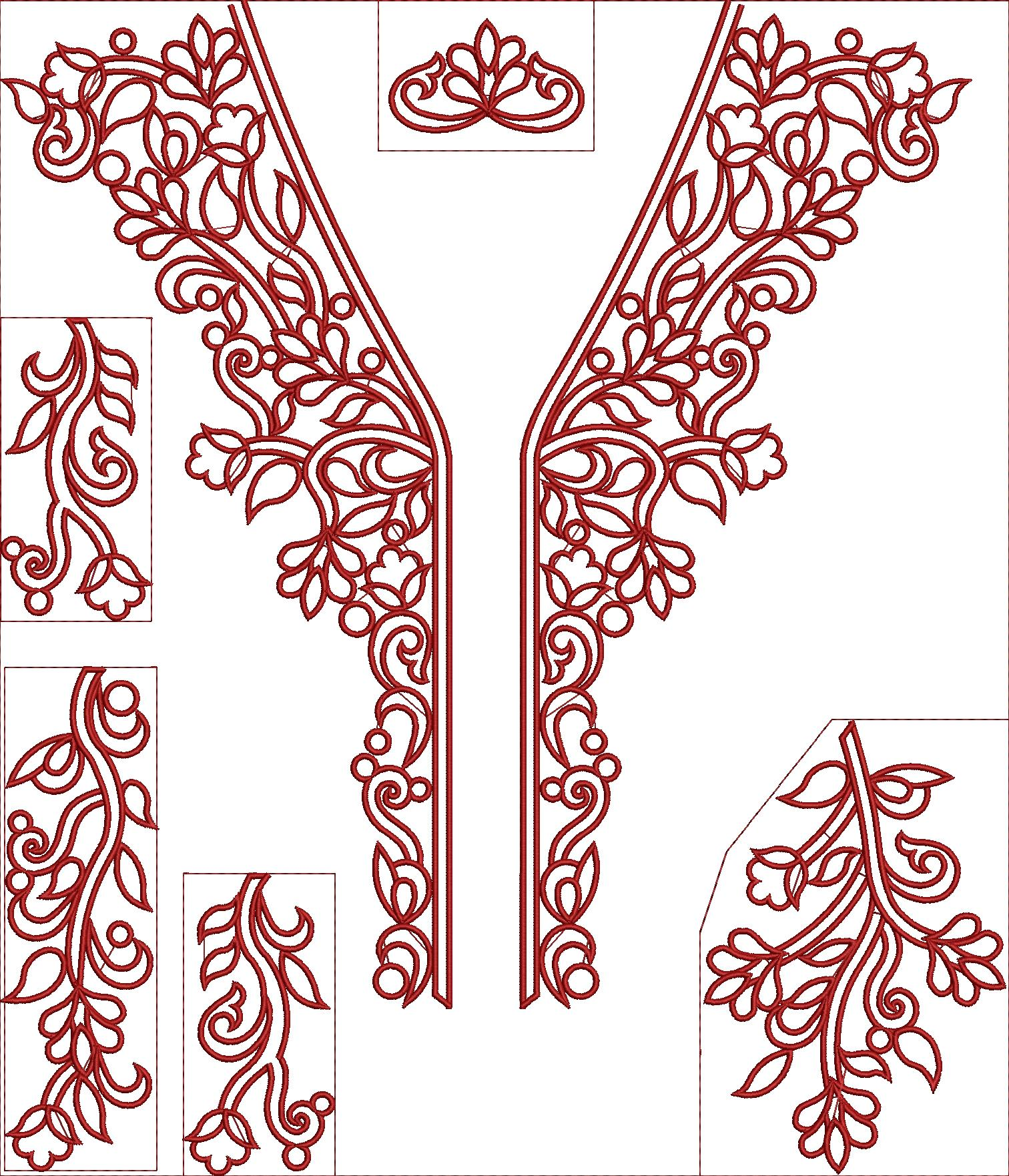 Embroidery design: A red embroidery design featuring a decorative floral and vine pattern with foliage and leaves, suitable for a neckline 