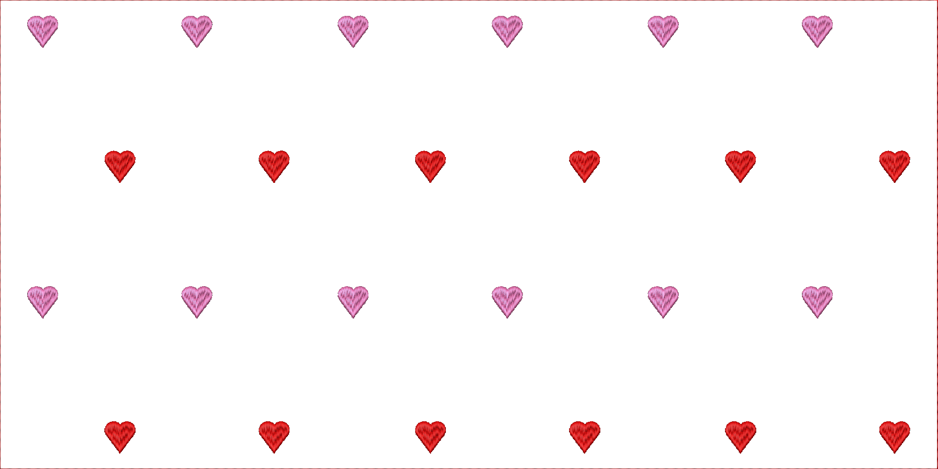 Embroidery design: A repeating pattern of red and pink embroidered hearts against a white background.