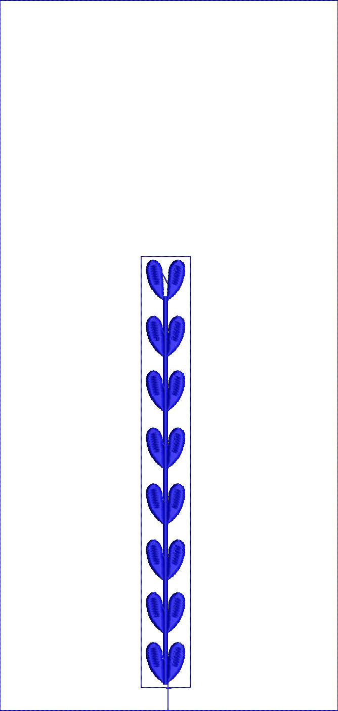 Embroidery design: A vertical embroidery border design featuring a central stem with multiple blue, heart-shaped leaves.