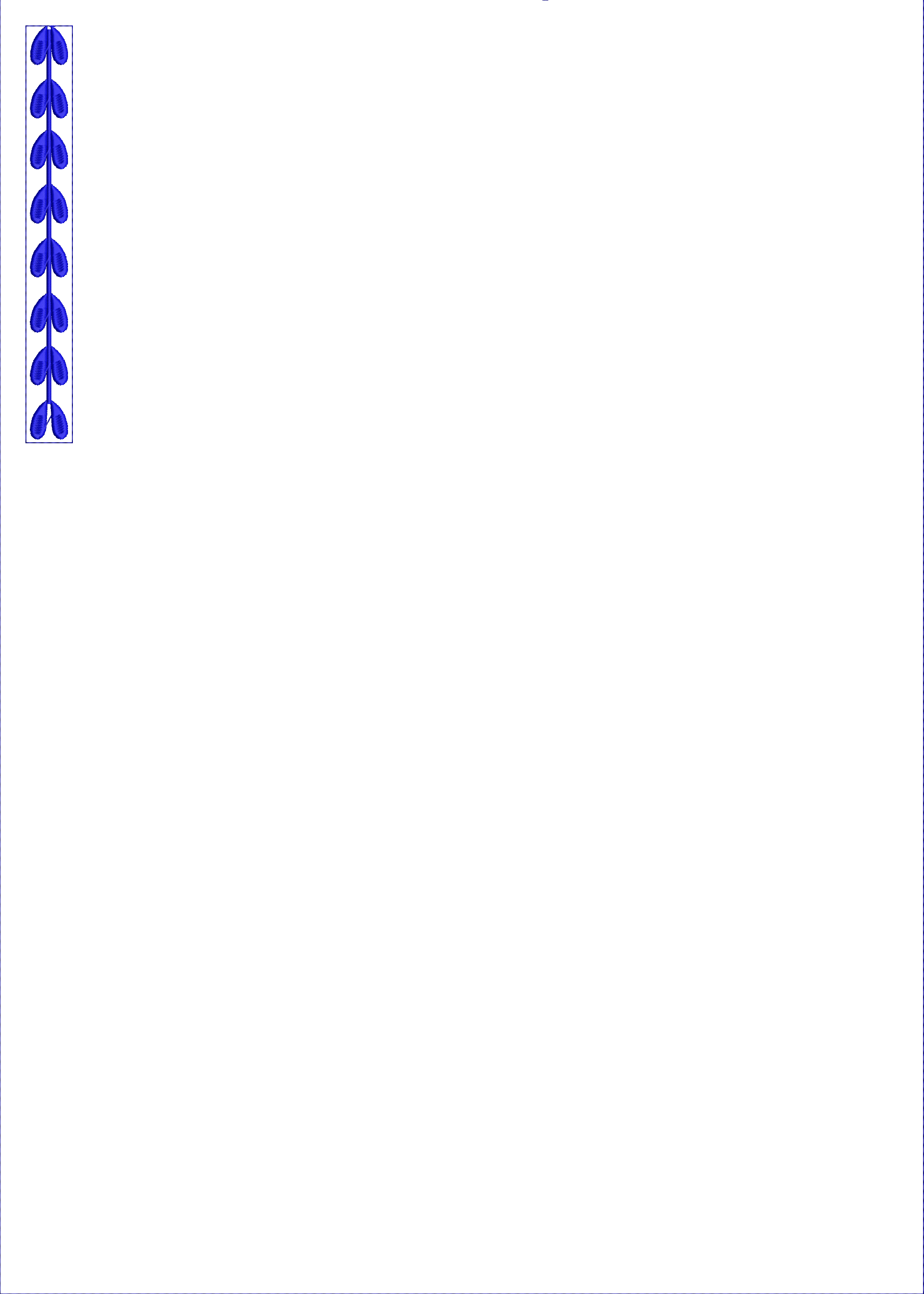 Embroidery design: A vertical border embroidery design featuring repeating blue leaf shapes on a white background.