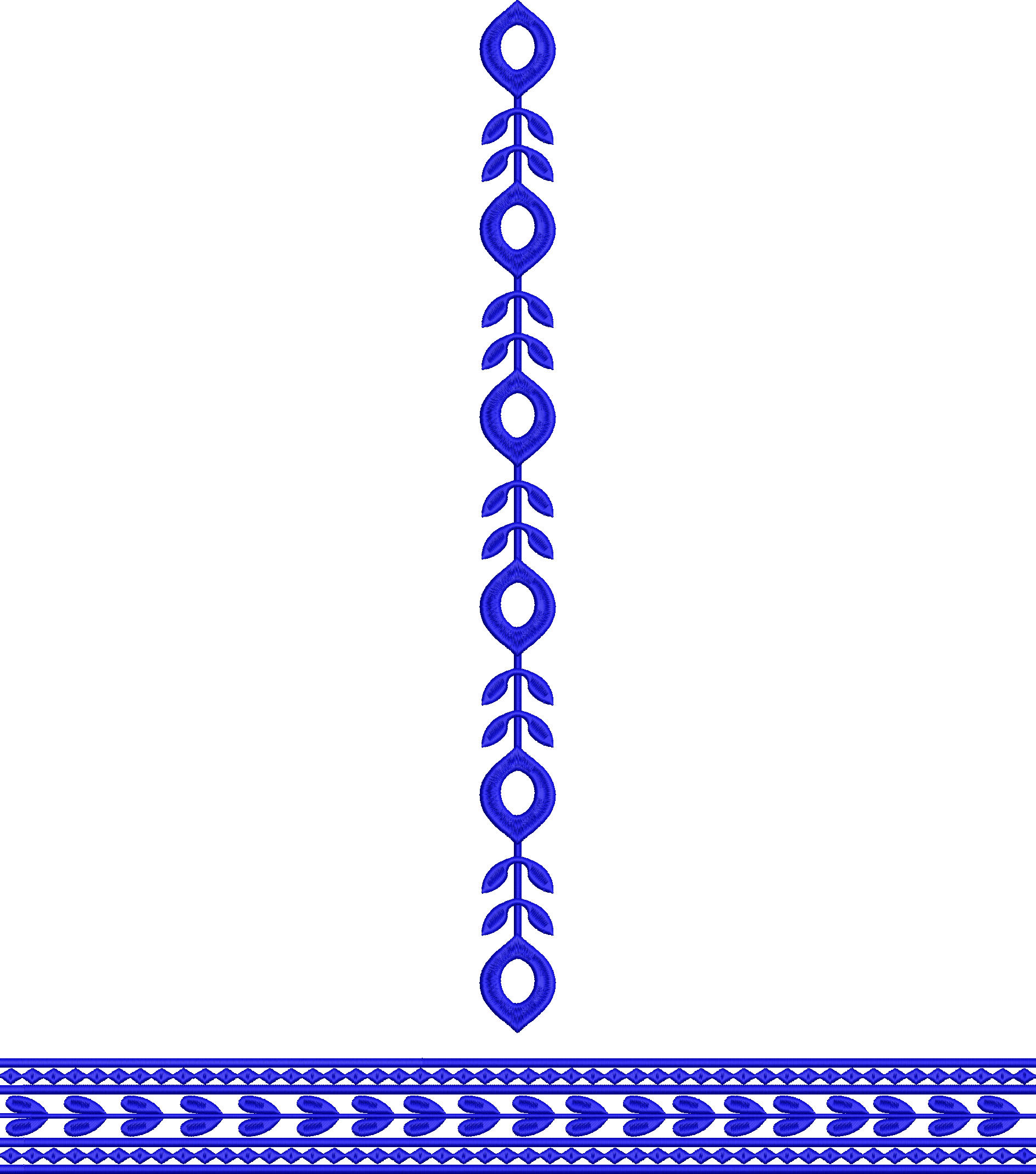 Embroidery design: A blue embroidery design featuring a vertical border with repeating geometric and leaf motifs, and a horizontal border w