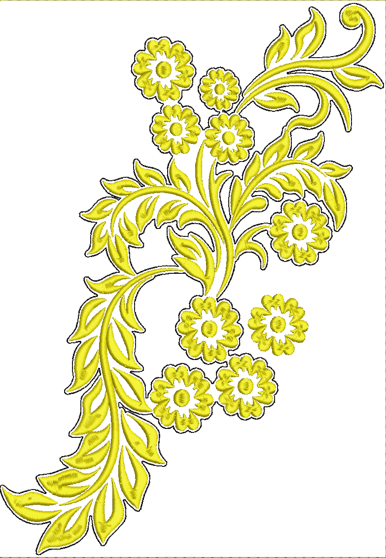 Embroidery design: A decorative yellow embroidery design featuring a vine with leaves and several small flowers with white centers, in an o