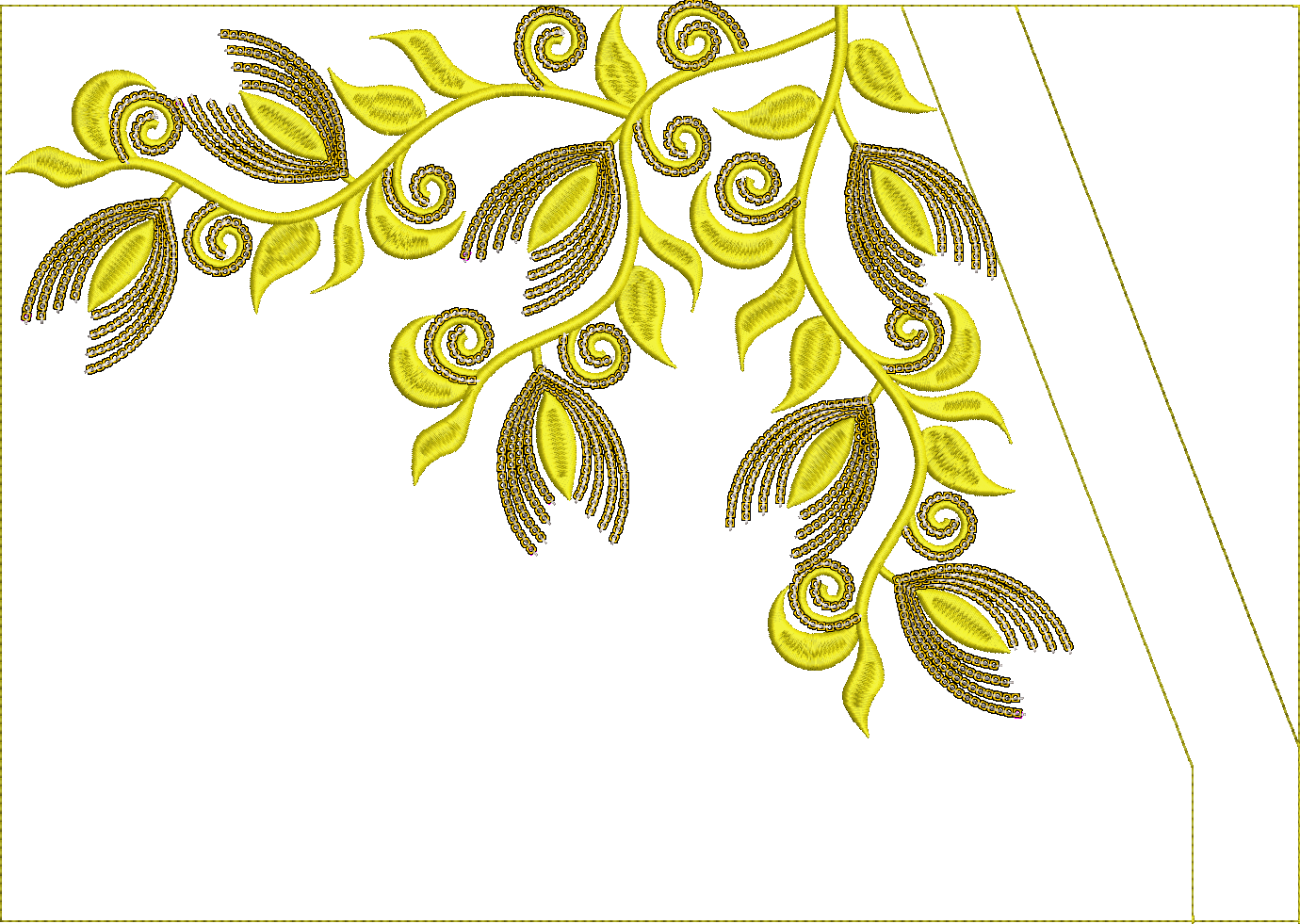 Embroidery design: A corner embroidery design featuring yellow-green foliage and gold vine elements with ornamental details.