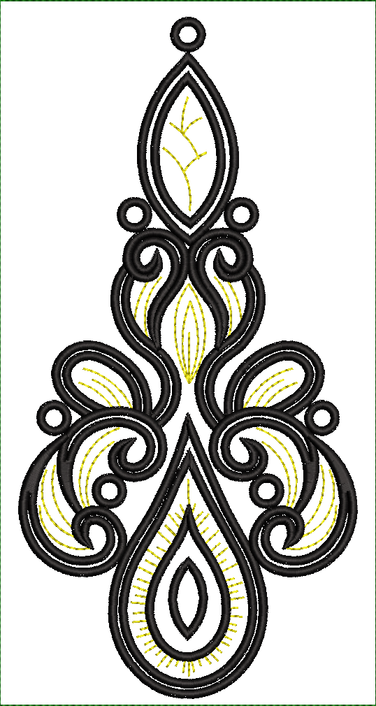 Embroidery design: A symmetrical black and gold embroidery design in an ornamental and decorative style, featuring scrollwork and a central