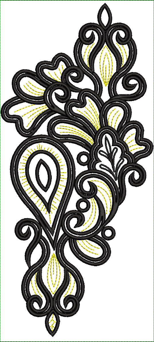 Embroidery design: An asymmetrical black and gold embroidery design with ornamental scrollwork and floral motifs.
