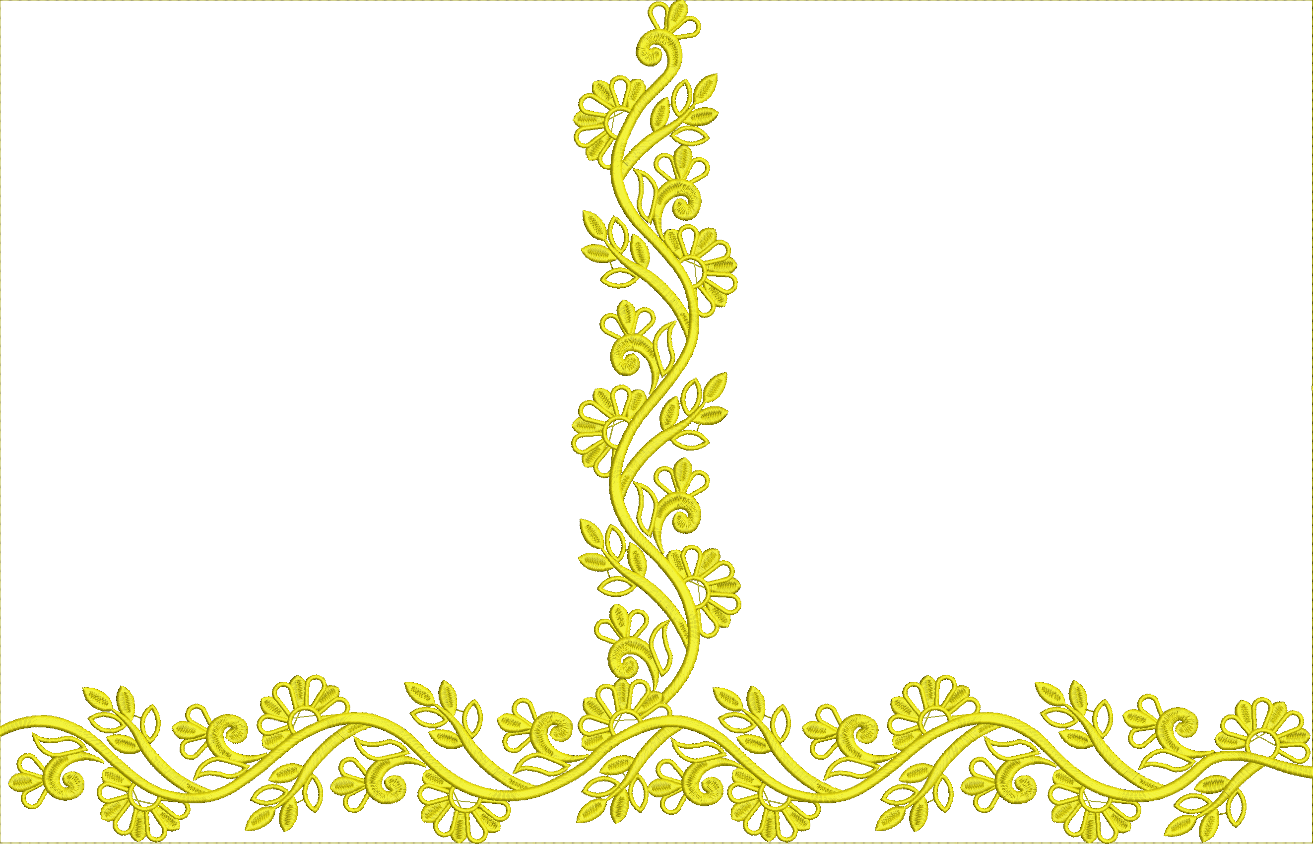 Embroidery design: A decorative yellow embroidery border design featuring a repeating pattern of vines, leaves, and flowers.