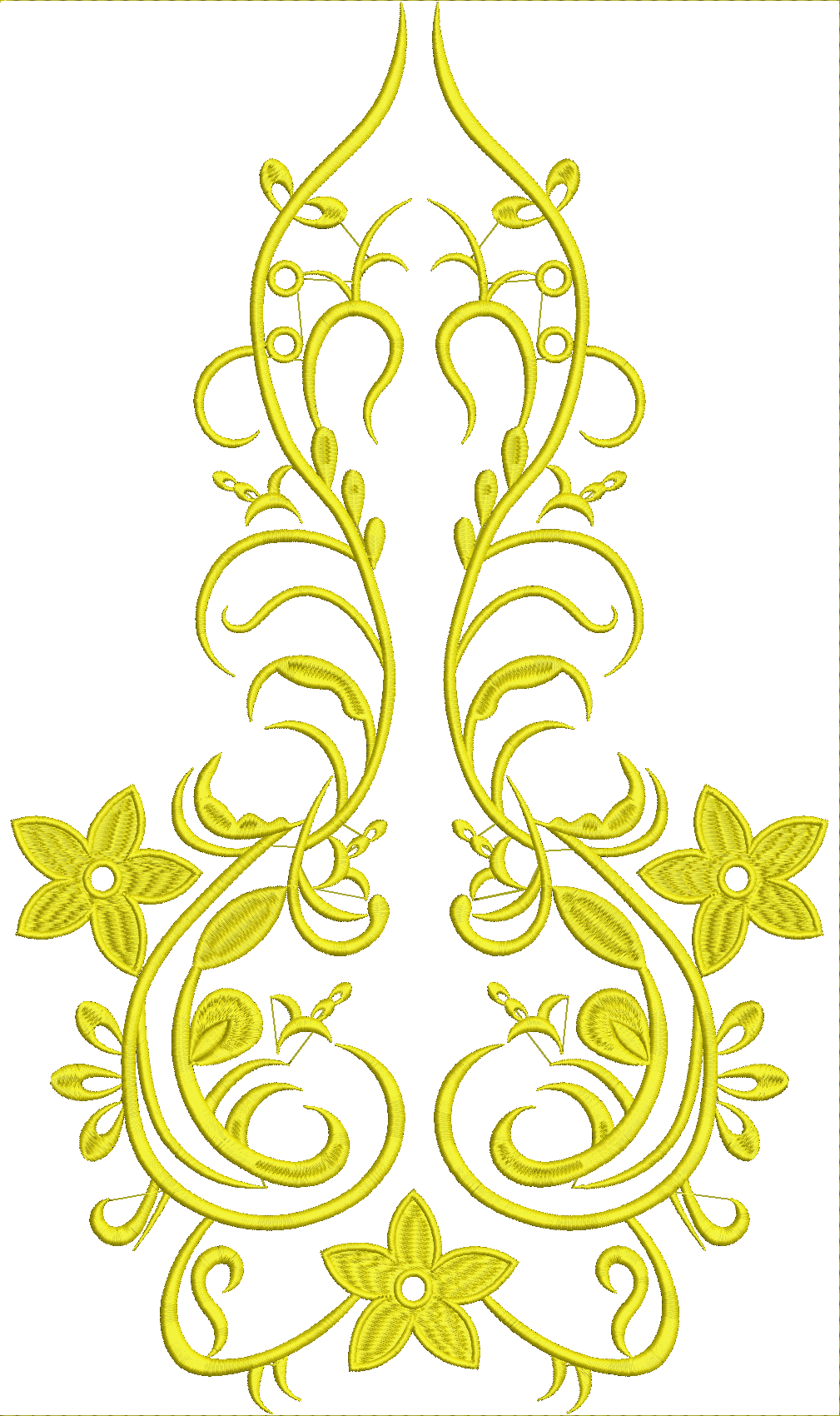 Embroidery design: A symmetrical yellow embroidery design featuring floral and vine motifs, suitable for use as a decorative panel or borde