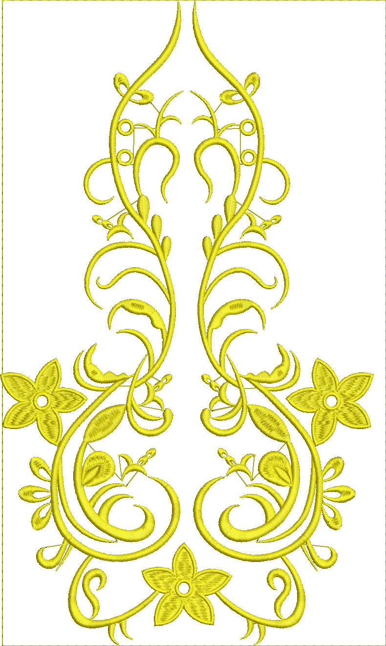 Embroidery design: A symmetrical embroidery design featuring yellow floral and vine motifs with leaves and flowers in an ornamental, botani