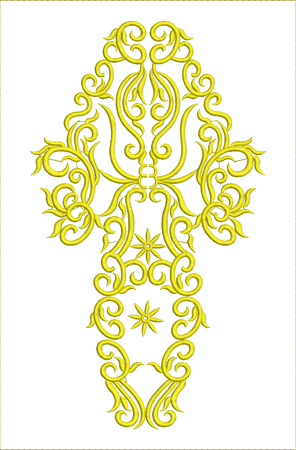 Embroidery design: A symmetrical yellow embroidery design featuring intricate scrollwork, floral elements, and star-like motifs in an ornam