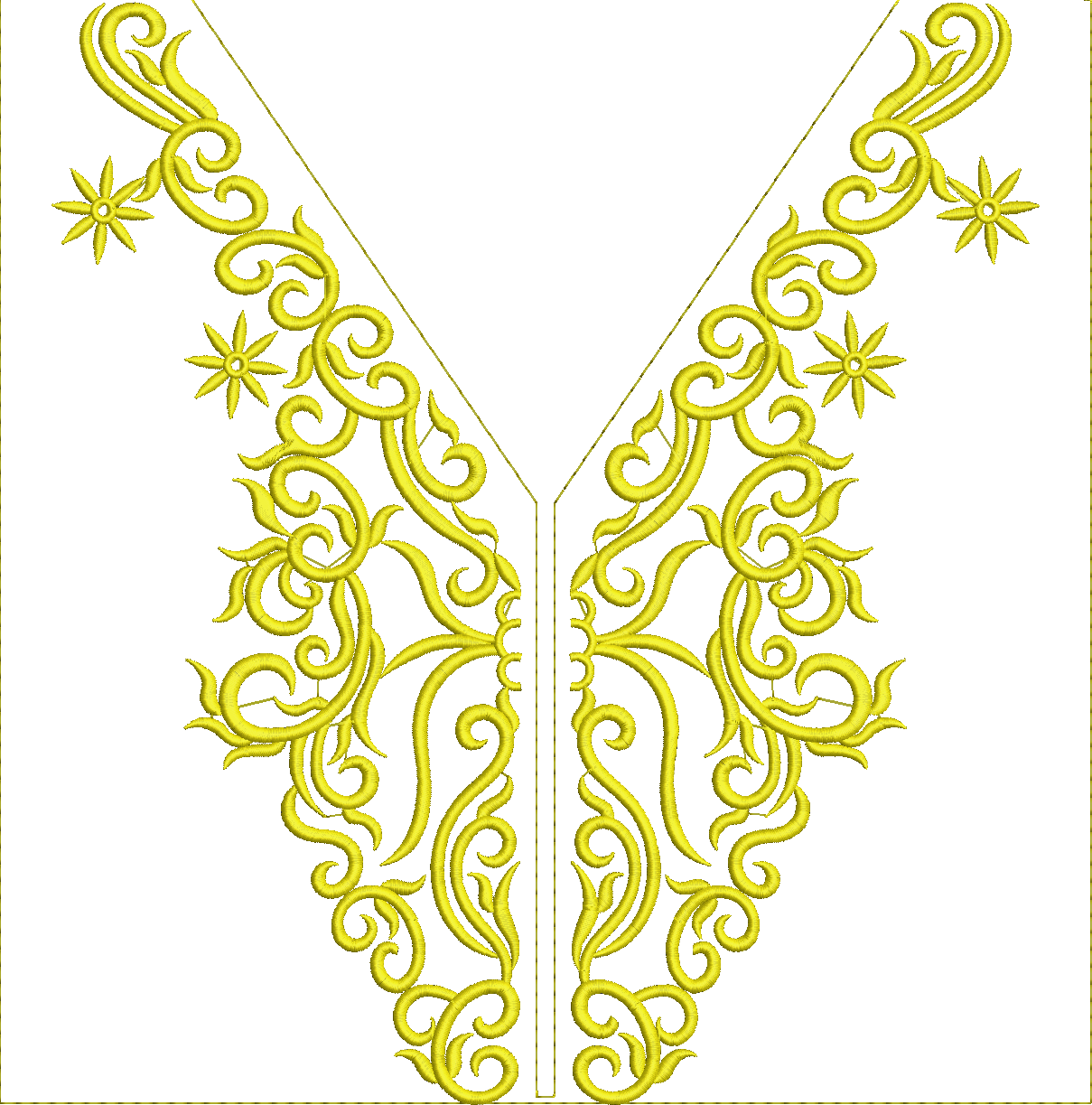 Embroidery design: A yellow ornamental embroidery design for a neckline, featuring symmetrical scrollwork and star-like floral accents.