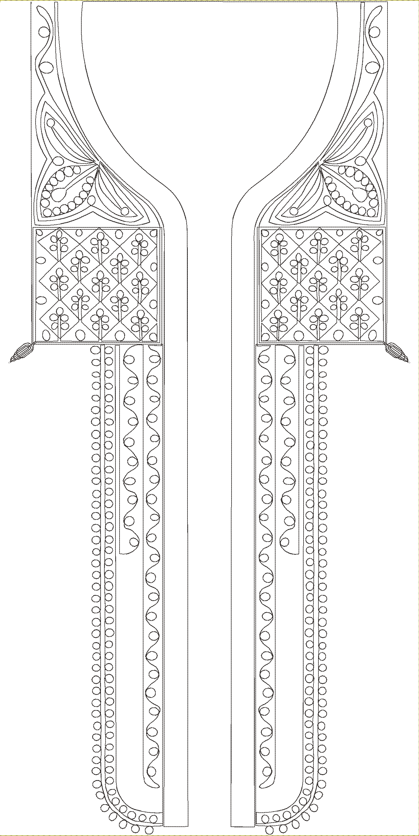 Embroidery design: A symmetrical black and white embroidery design for a garment's neckline and front panel, featuring ornamental floral an