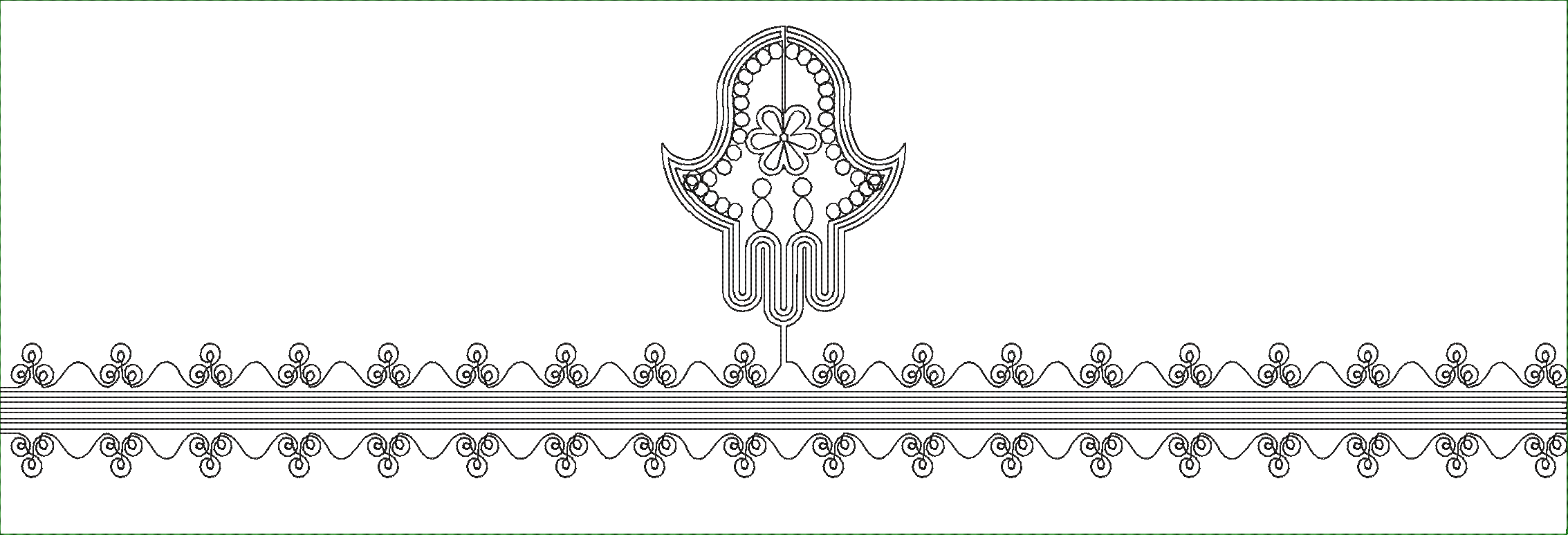 Embroidery design: A black and white embroidery design featuring a Hamsa hand symbol with floral and circular embellishments, above a horiz