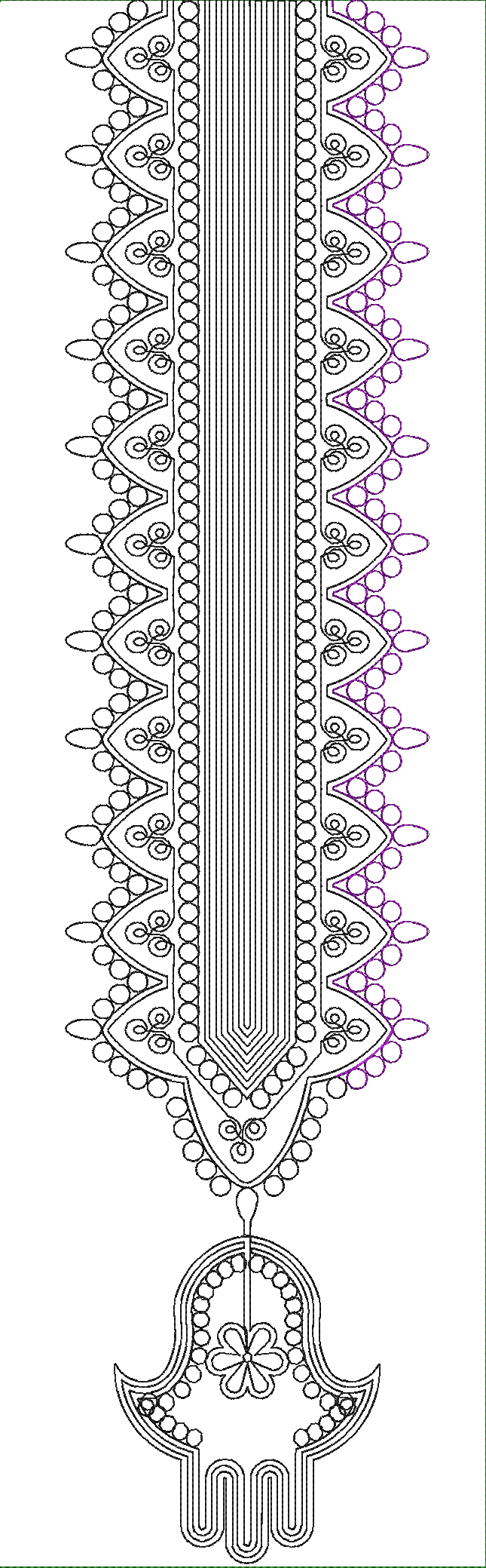 Embroidery design: An ornamental and ethnic embroidery design featuring a Hamsa hand symbol and a decorative neckline with scrollwork and f
