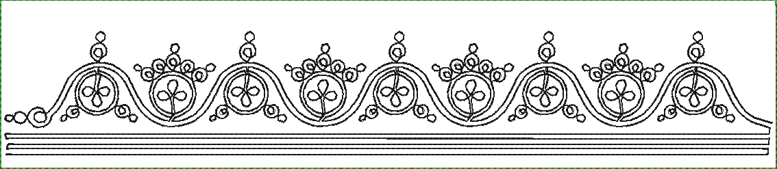 Embroidery design: A black and white line drawing of a repeating, symmetrical border with ornamental floral motifs, resembling lace.