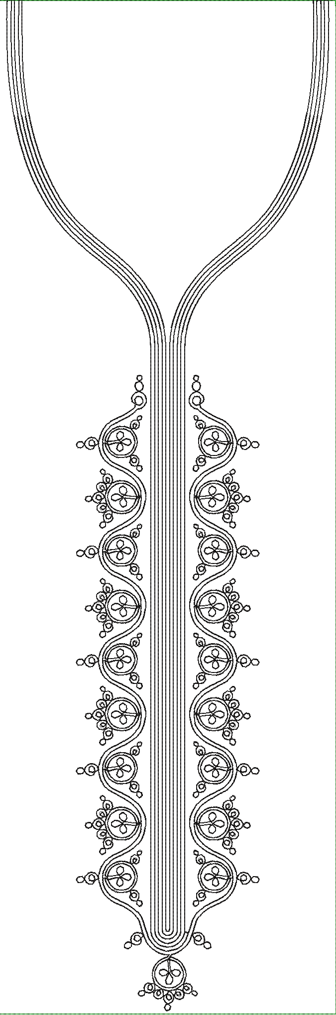 Embroidery design: A black and white embroidery design for a neckline, featuring symmetrical ornamental and geometric patterns with a lace-