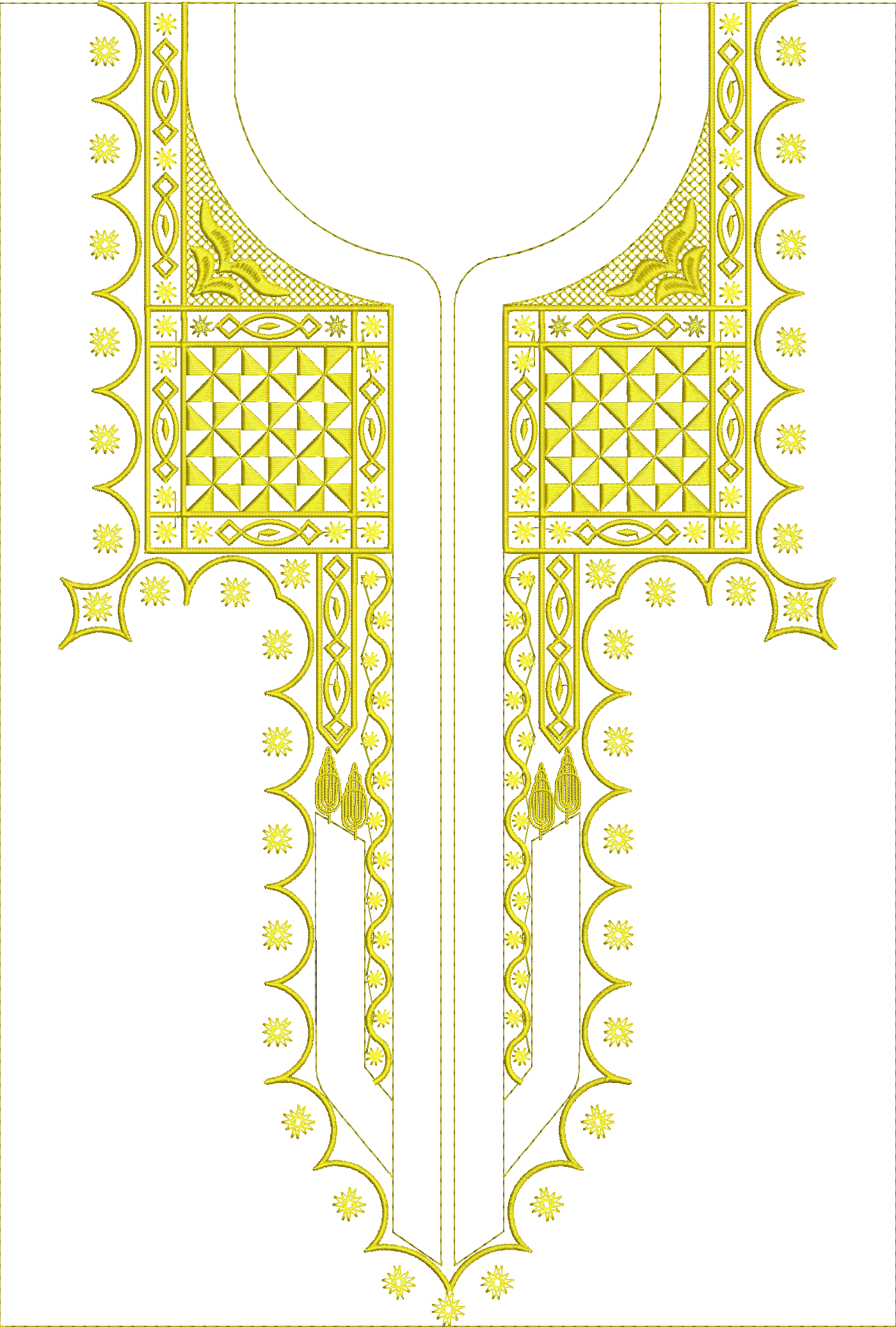 Embroidery design: An ornamental golden yellow embroidery design for a garment neckline, featuring symmetrical geometric patterns, stylized