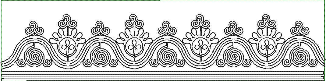 Embroidery design: A black and white embroidery design featuring a repeating decorative border with a wave pattern. Each wave crest has a s