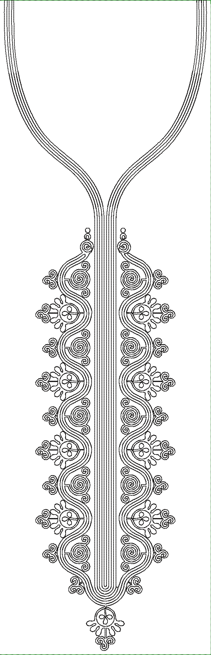 Embroidery design: A black and white embroidery design for a neckline or front panel, featuring symmetrical scrollwork, wavy lines, and geo