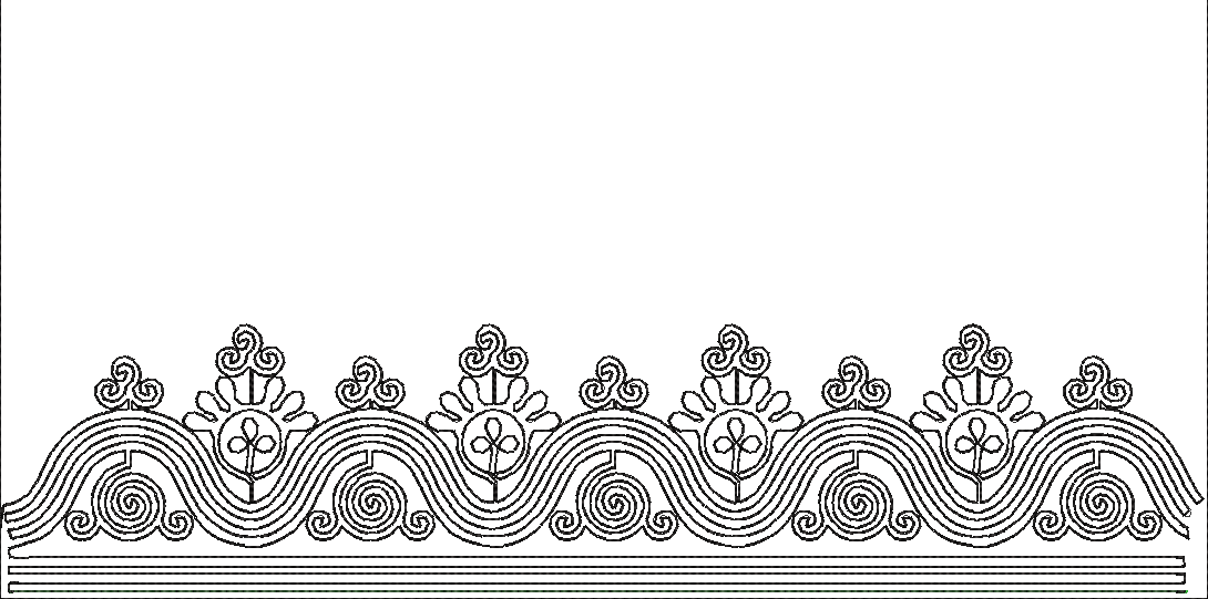 Embroidery design: A black and white repeating border design featuring a wave pattern with stylized floral or sun motifs at the crests and 