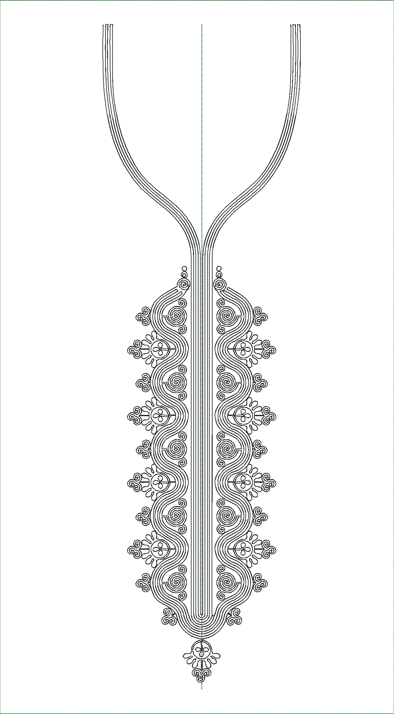 Embroidery design: A black and white embroidery design featuring intricate scrollwork and floral motifs arranged symmetrically, resembling 