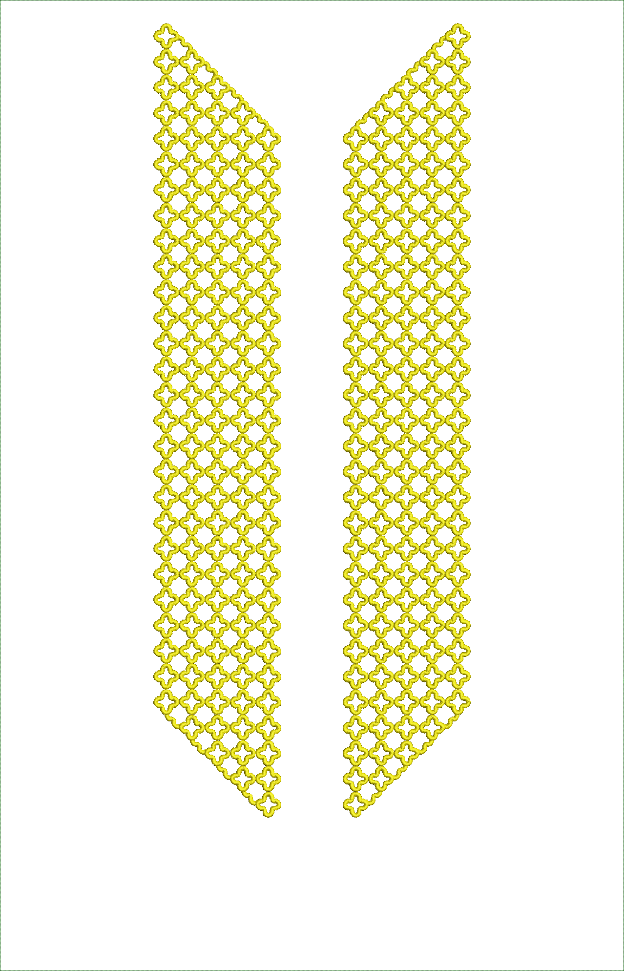 Embroidery design: Two long, vertical panels with a repeating geometric lattice pattern in yellow, one on the left and one on the right, wi