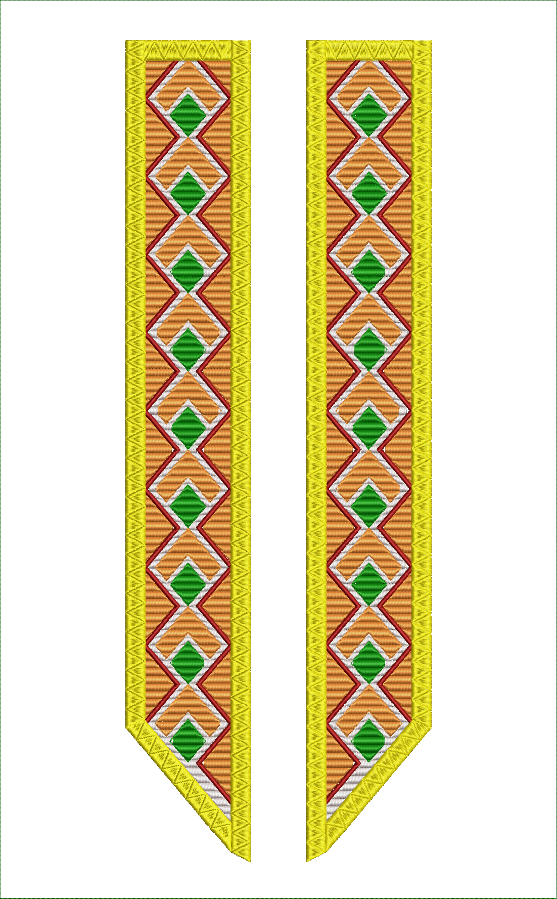 Embroidery design: A pair of decorative embroidery panels featuring a repeating geometric diamond pattern in yellow, orange, red, green, an