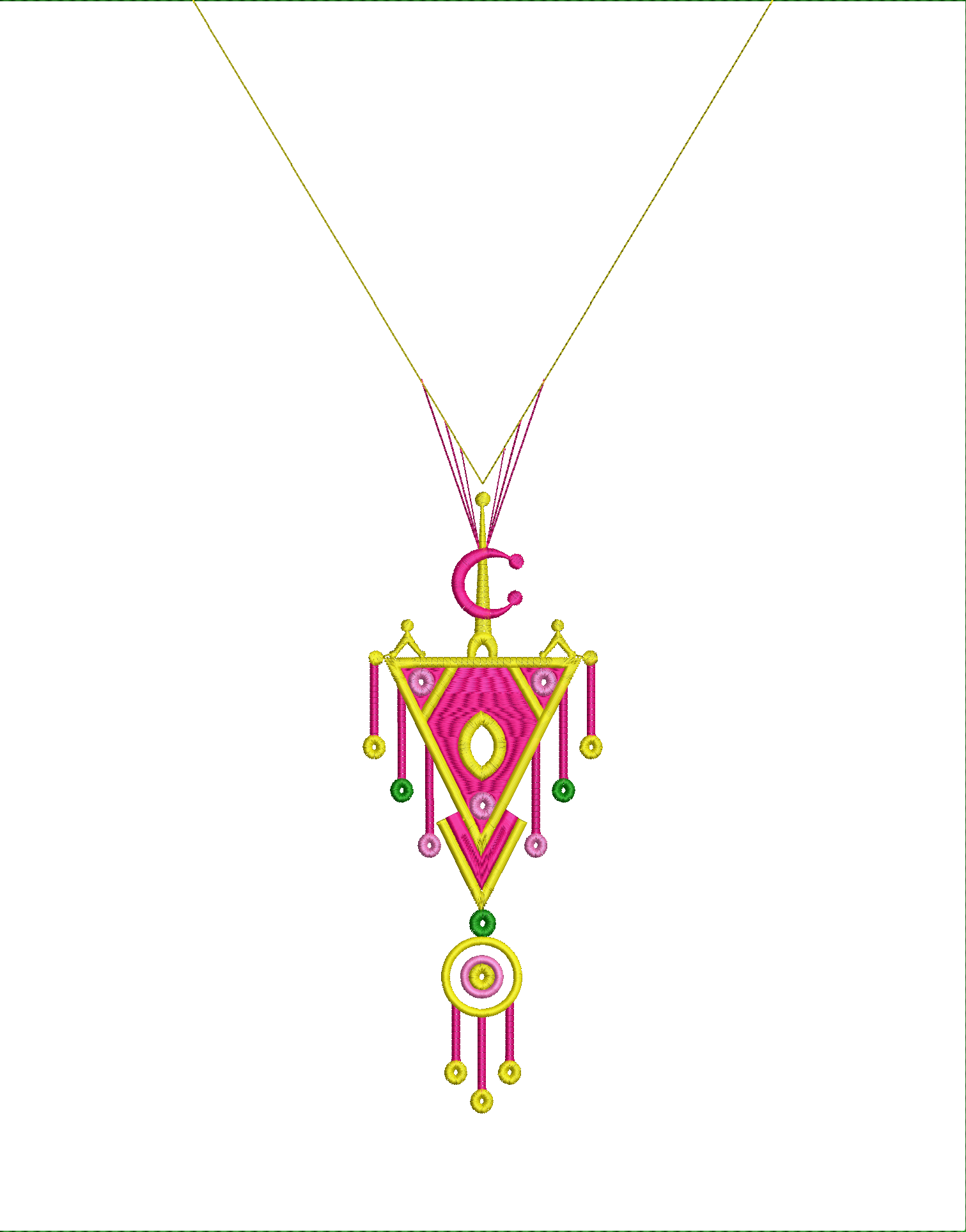Embroidery design: An embroidery design of a pendant featuring a crescent moon, a central triangular shape with diamond accents, and dangli