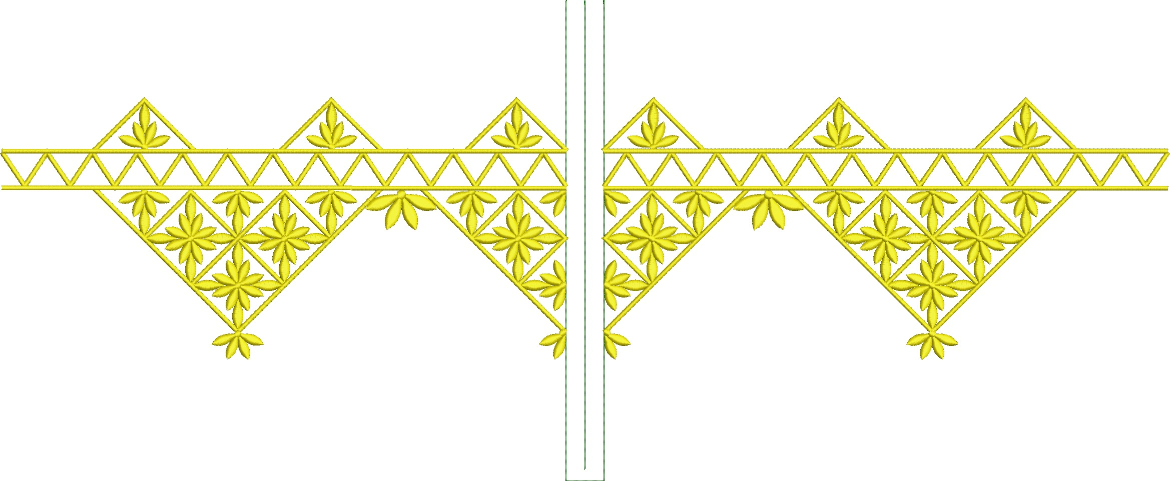 Embroidery design: A decorative yellow embroidery border with geometric and floral elements in a symmetrical, repeating pattern. The design