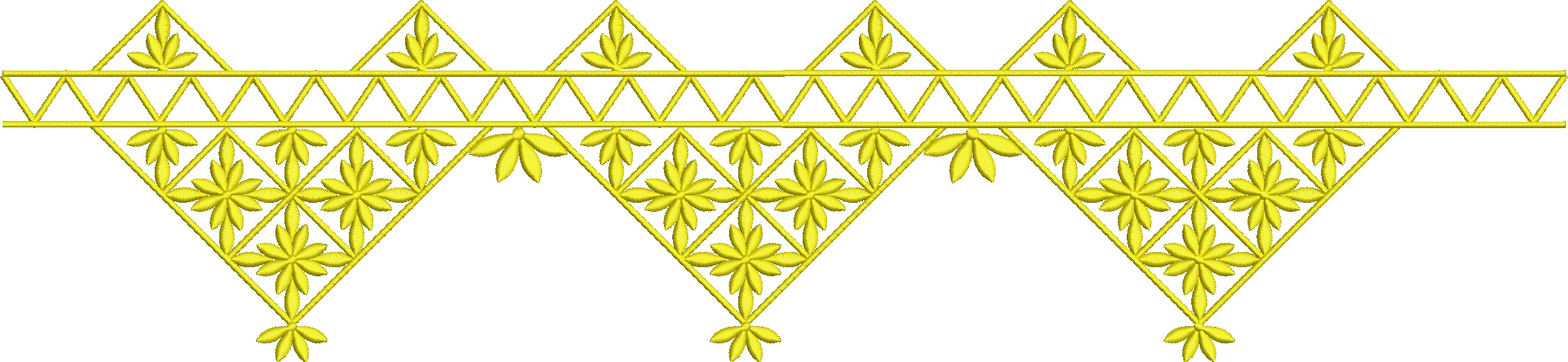Embroidery design: A yellow embroidery design featuring a repeating symmetrical border with geometric and floral elements, including leaves