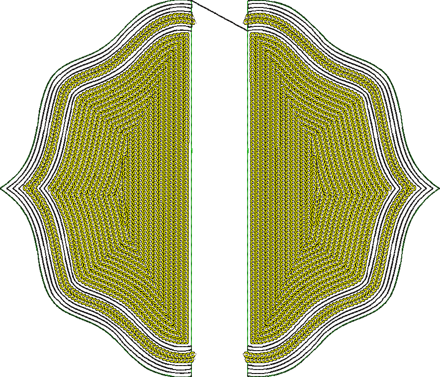 Embroidery design: A symmetrical embroidery design with a dense fill of yellow circular motifs, outlined by black and green layers, forming