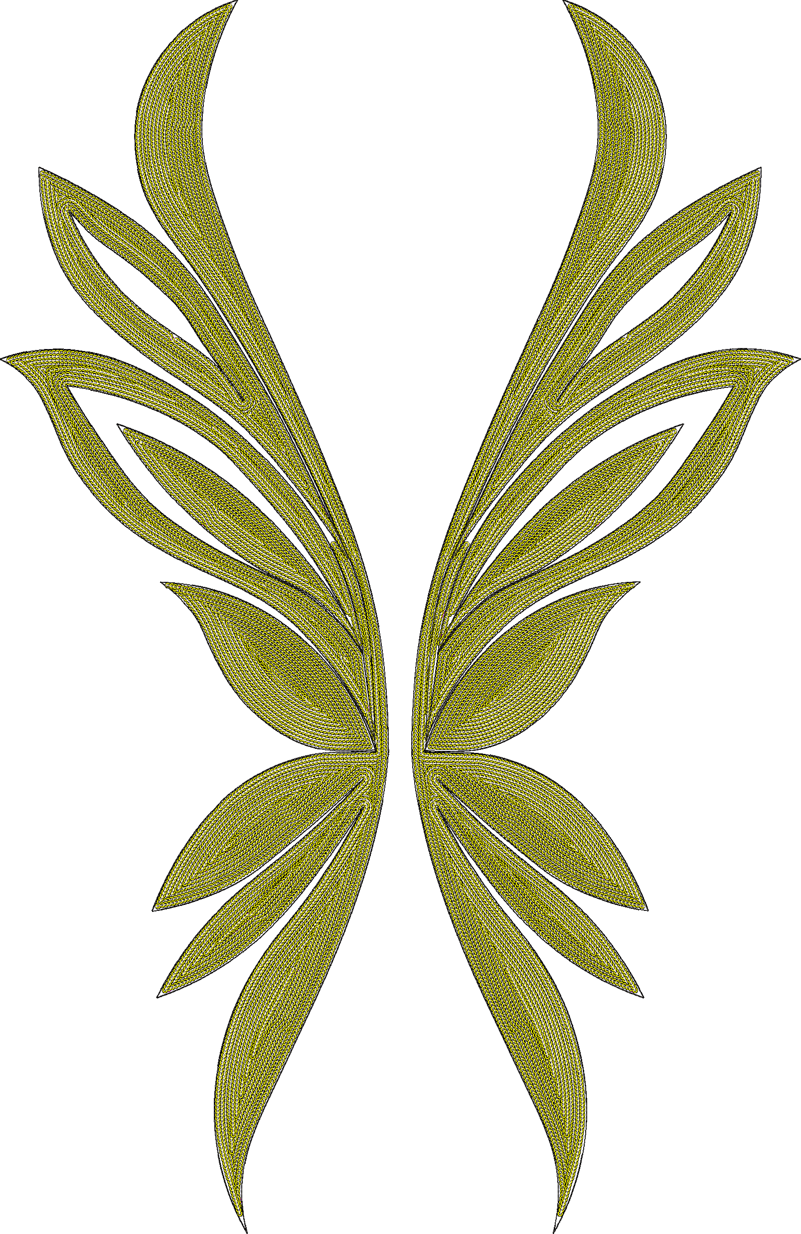 Embroidery design: A symmetrical embroidery design resembling stylized wings or large leaves, rendered in yellow-green with dense, layered 