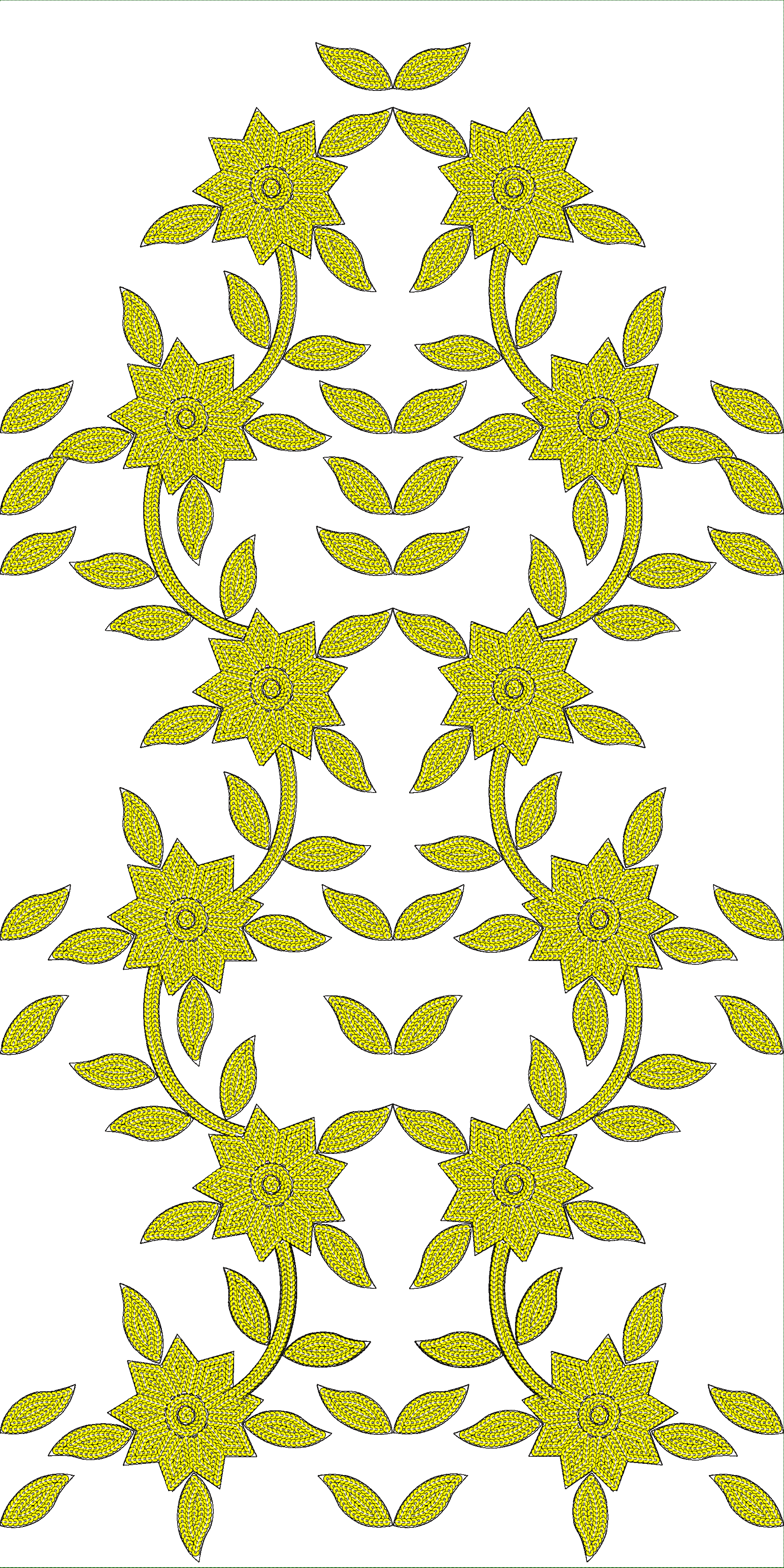 Embroidery design: A symmetrical and repeating embroidery design featuring yellow star-shaped flowers with green leaves and vines, rendered