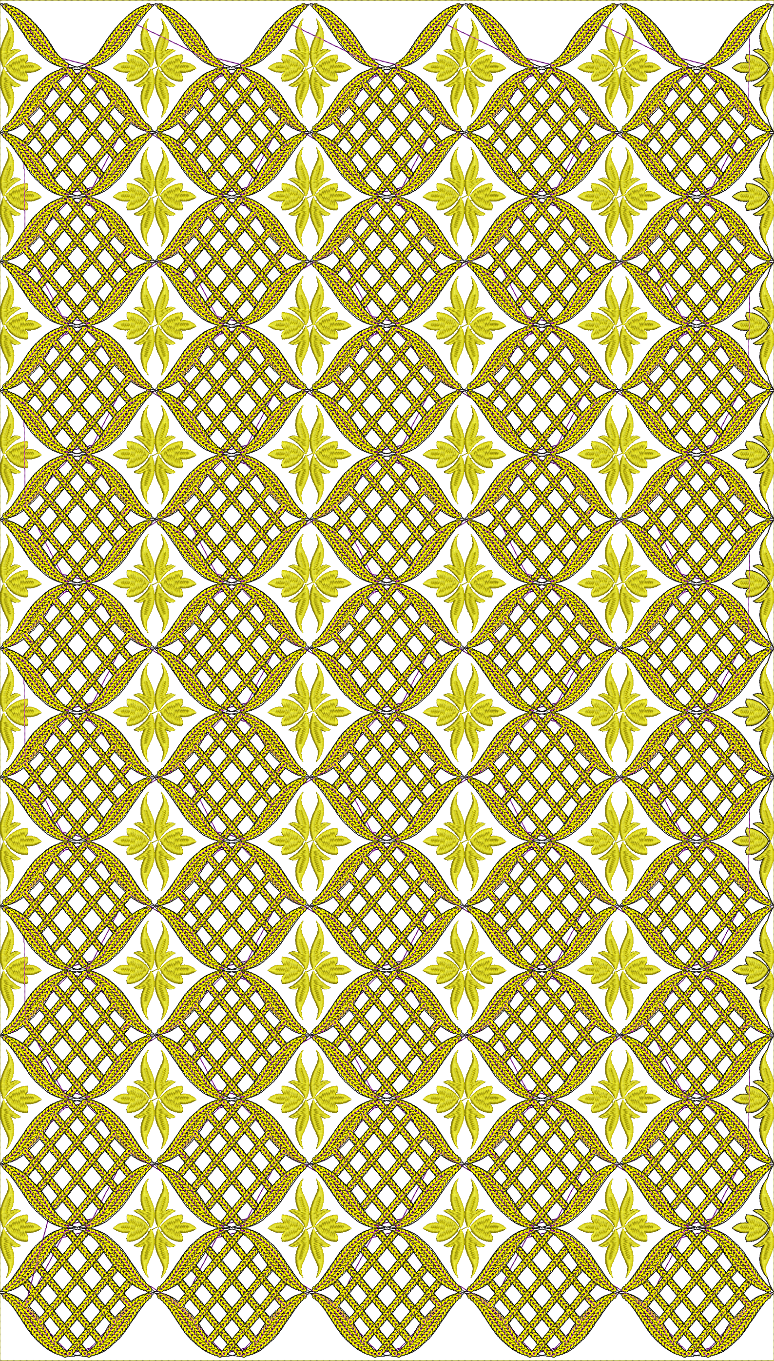Embroidery design: A repeating all-over embroidery design featuring interwoven golden bands forming diamond shapes, with stylized yellow fl