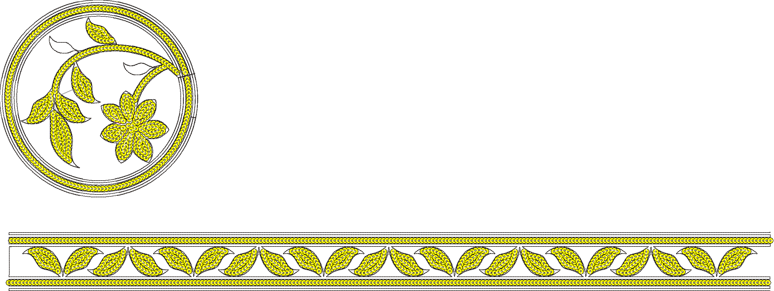 Embroidery design: A decorative embroidery design featuring a yellow floral medallion in a circular frame and a horizontal border with a re