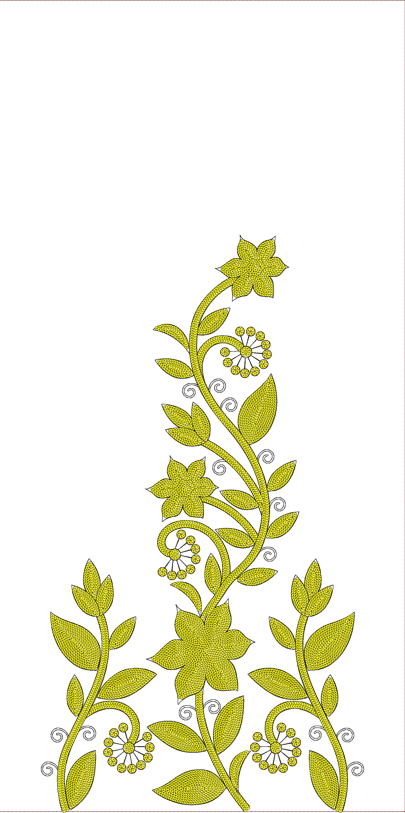 Embroidery design: A symmetrical embroidery design featuring yellow floral and botanical elements with swirling vine and scrollwork details