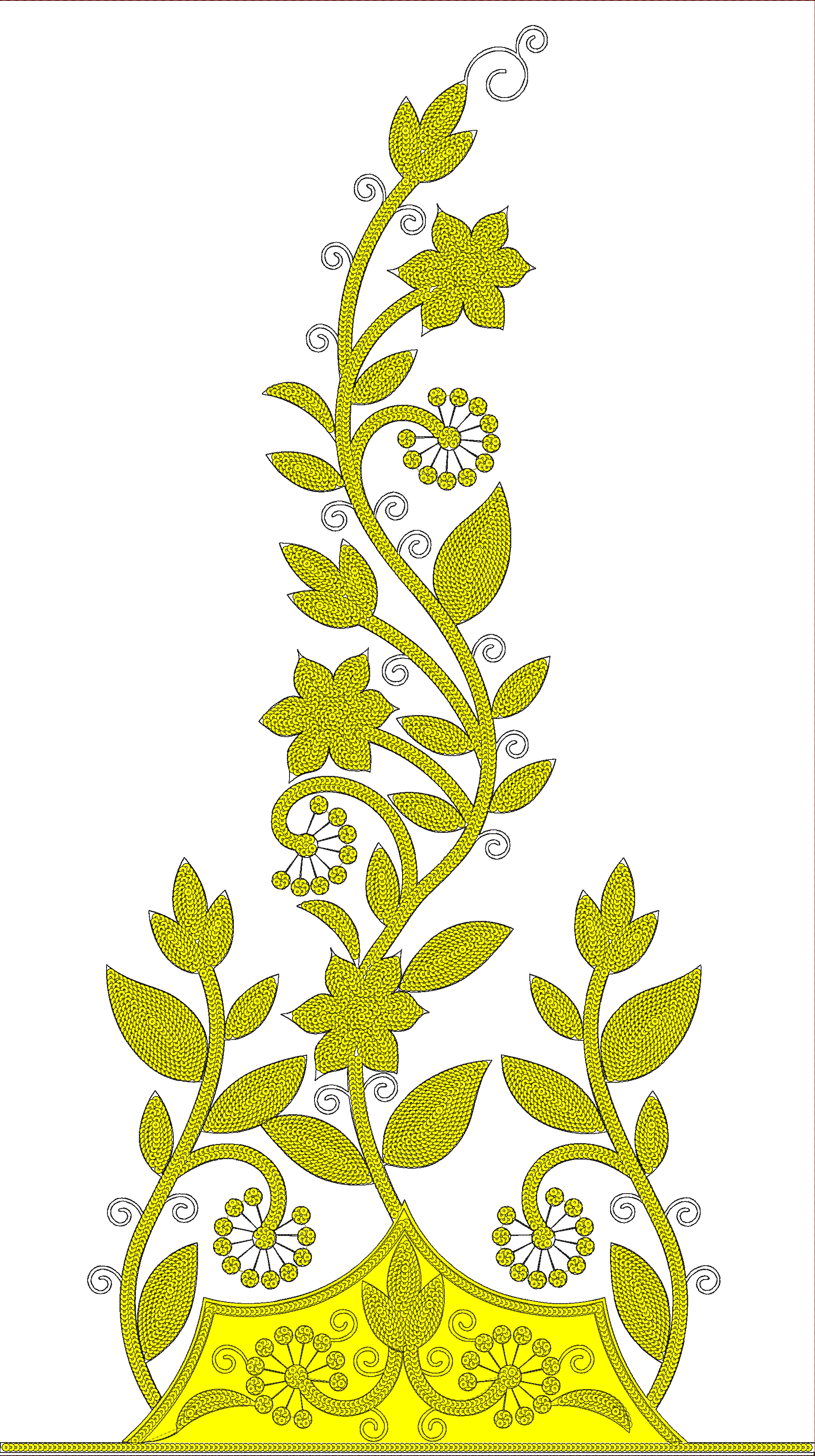 Embroidery design: A symmetrical embroidery design in yellow and black, featuring floral and vine motifs with scrollwork and a decorative b