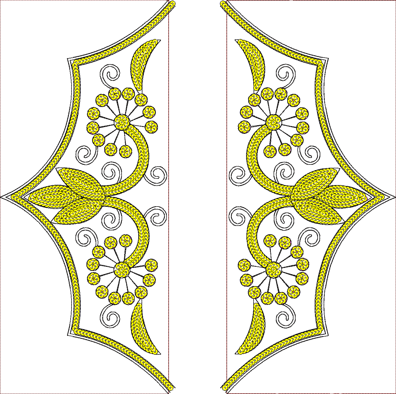 Embroidery design: A symmetrical embroidery design featuring yellow floral and scrollwork motifs outlined in black on a white background, w