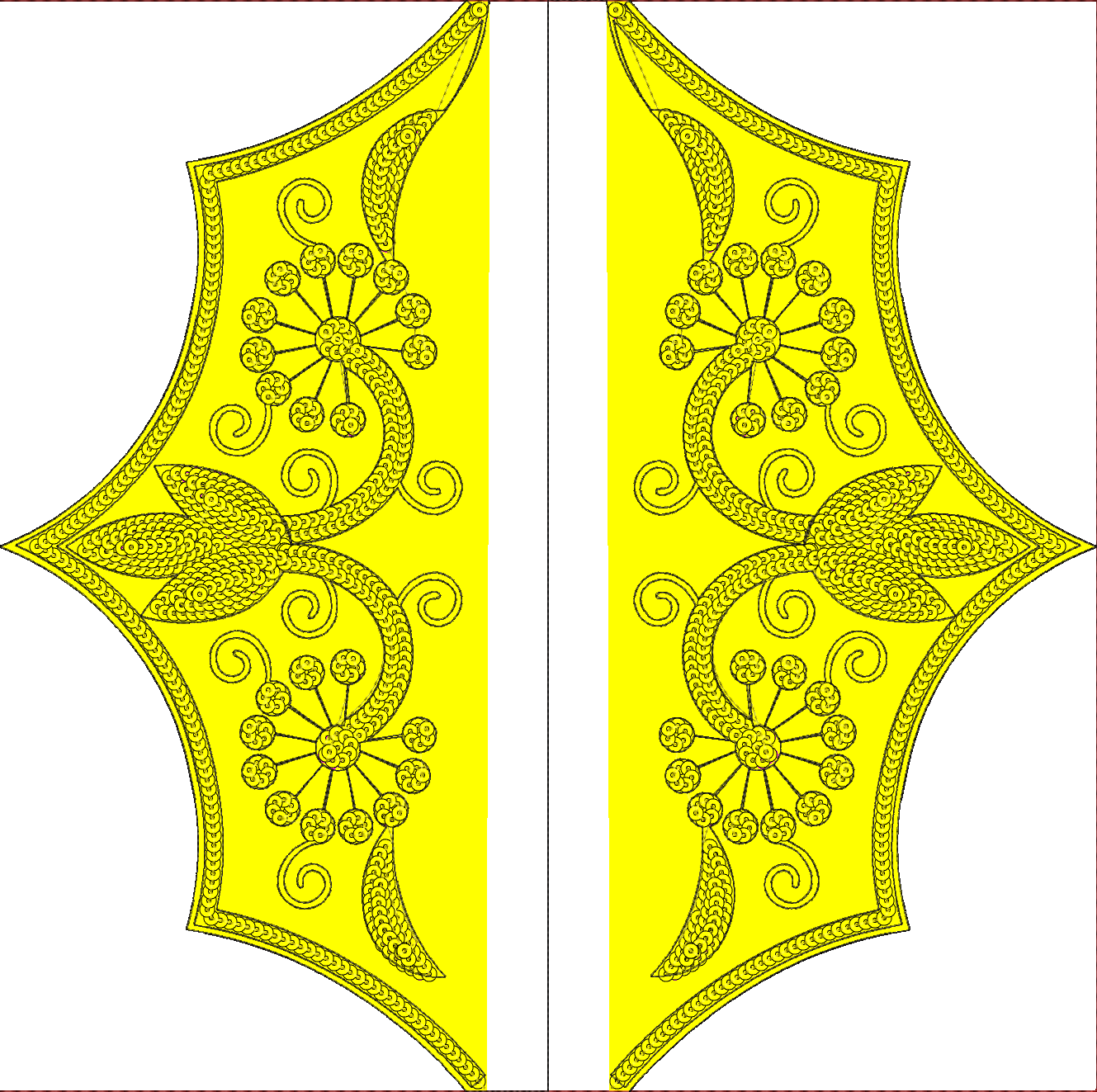 Embroidery design: A symmetrical embroidery design featuring two panels, each with a central starburst or floral motif surrounded by scroll