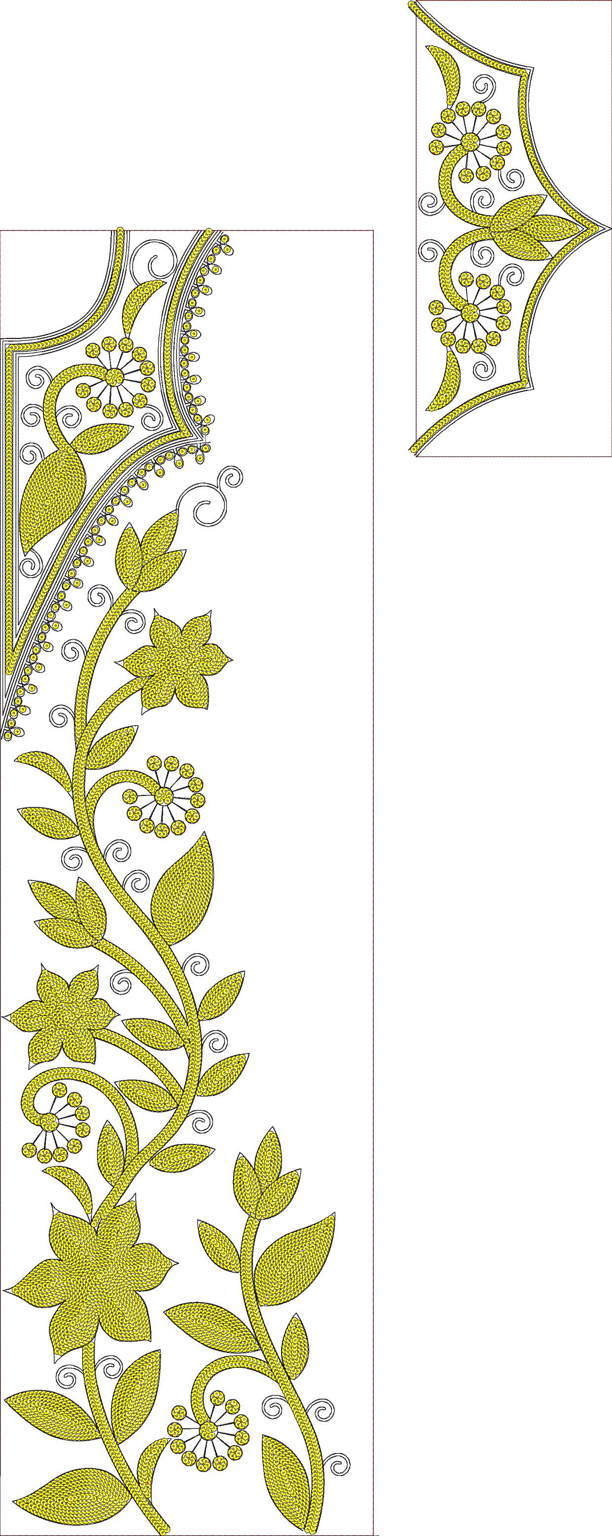 Embroidery design: A floral and botanical embroidery design featuring a yellow vine with leaves and blossoms, suitable for a panel or neckl