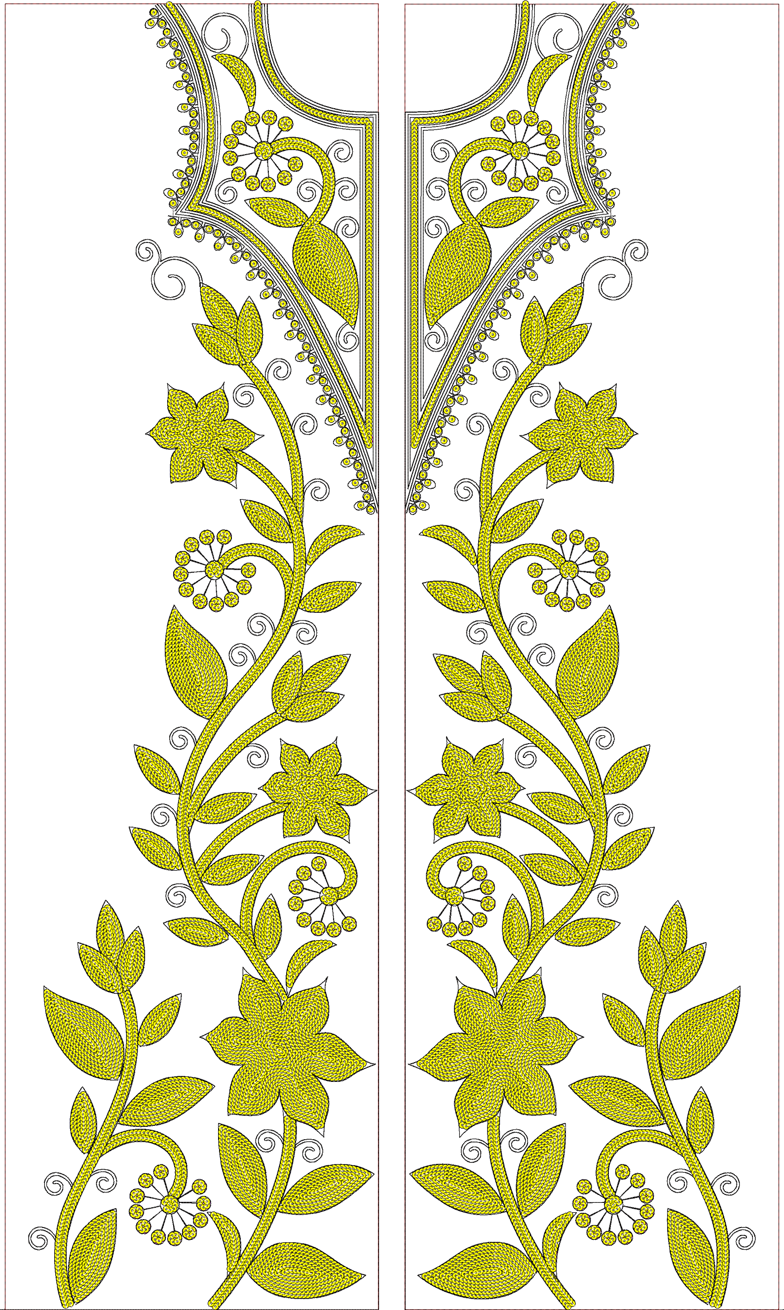 Embroidery design: A symmetrical yellow embroidery design featuring floral and vine motifs, suitable for a neckline or front panel.