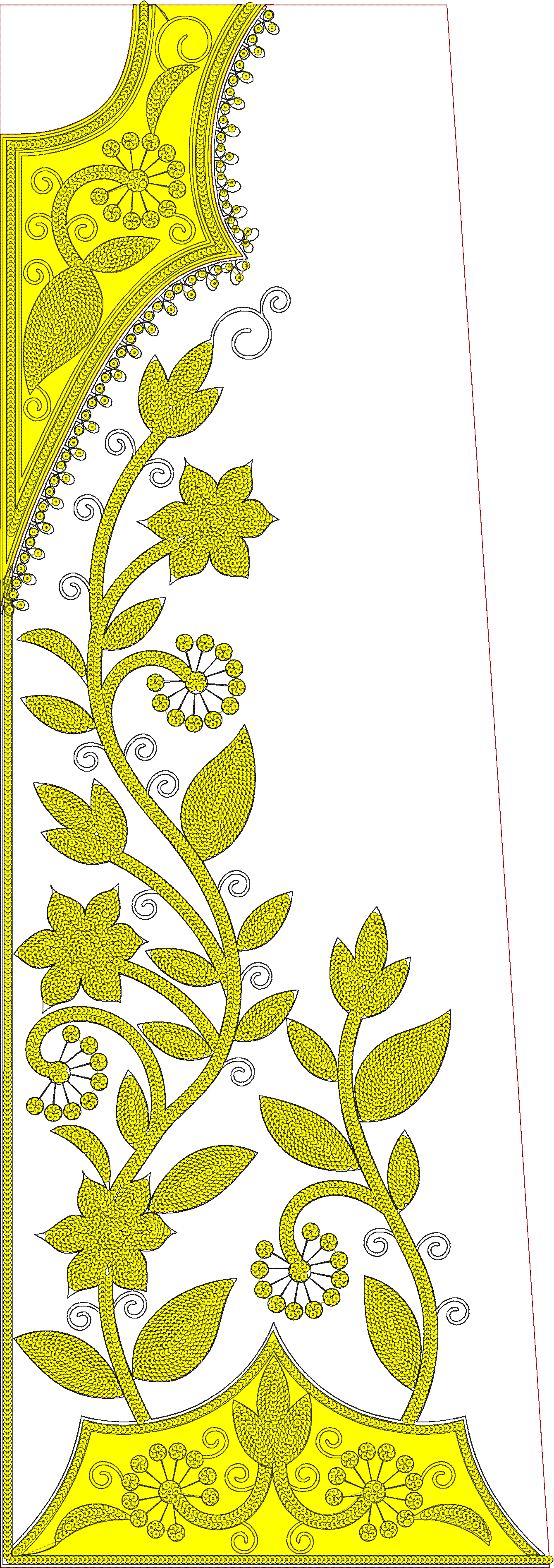 Embroidery design: A decorative and ornamental embroidery design featuring yellow floral and vine motifs with scrollwork, leaves, and a sca