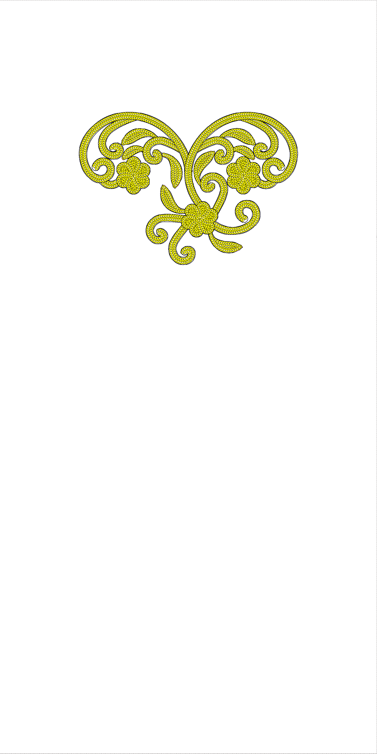 Embroidery design: A symmetrical yellow ornamental scrollwork design featuring stylized floral and botanical elements.
