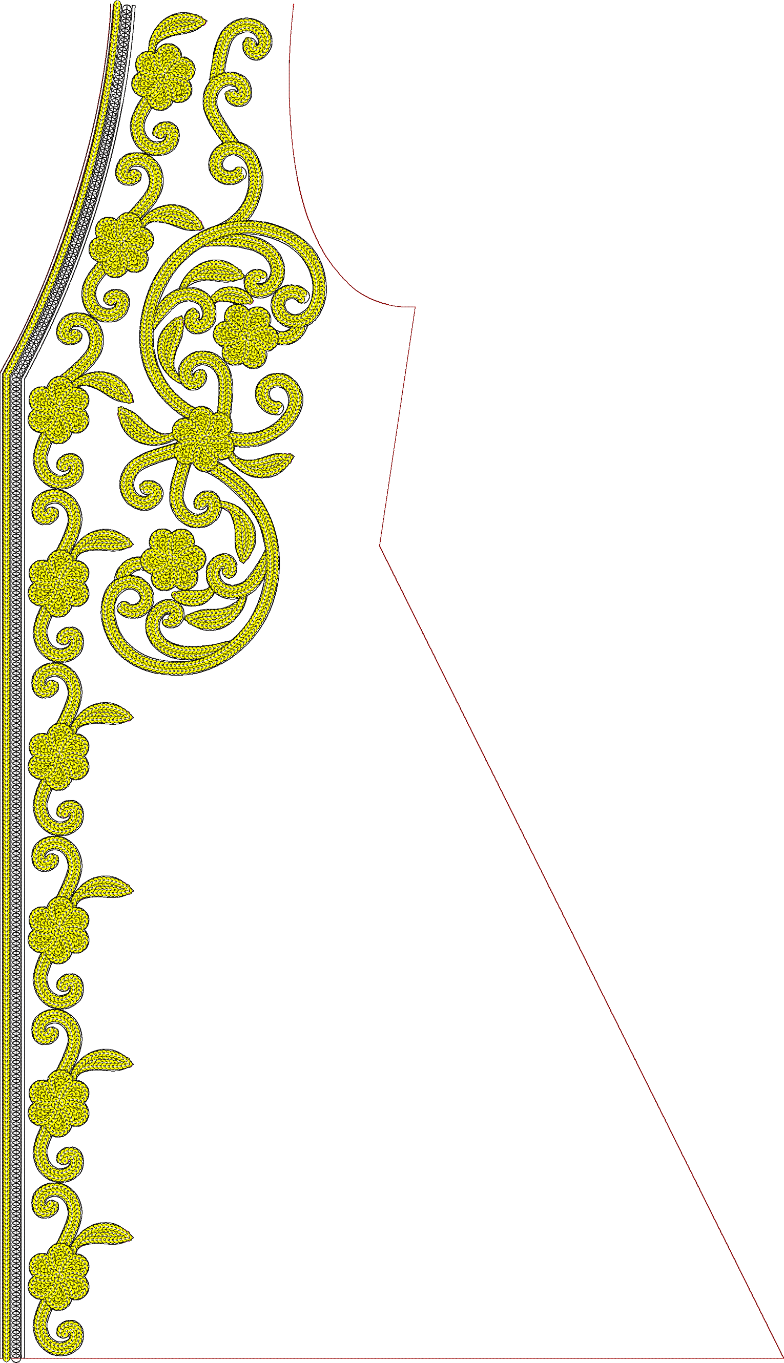 Embroidery design: A vertical embroidery border design featuring yellow ornamental scrollwork with floral and leaf motifs, repeating along 