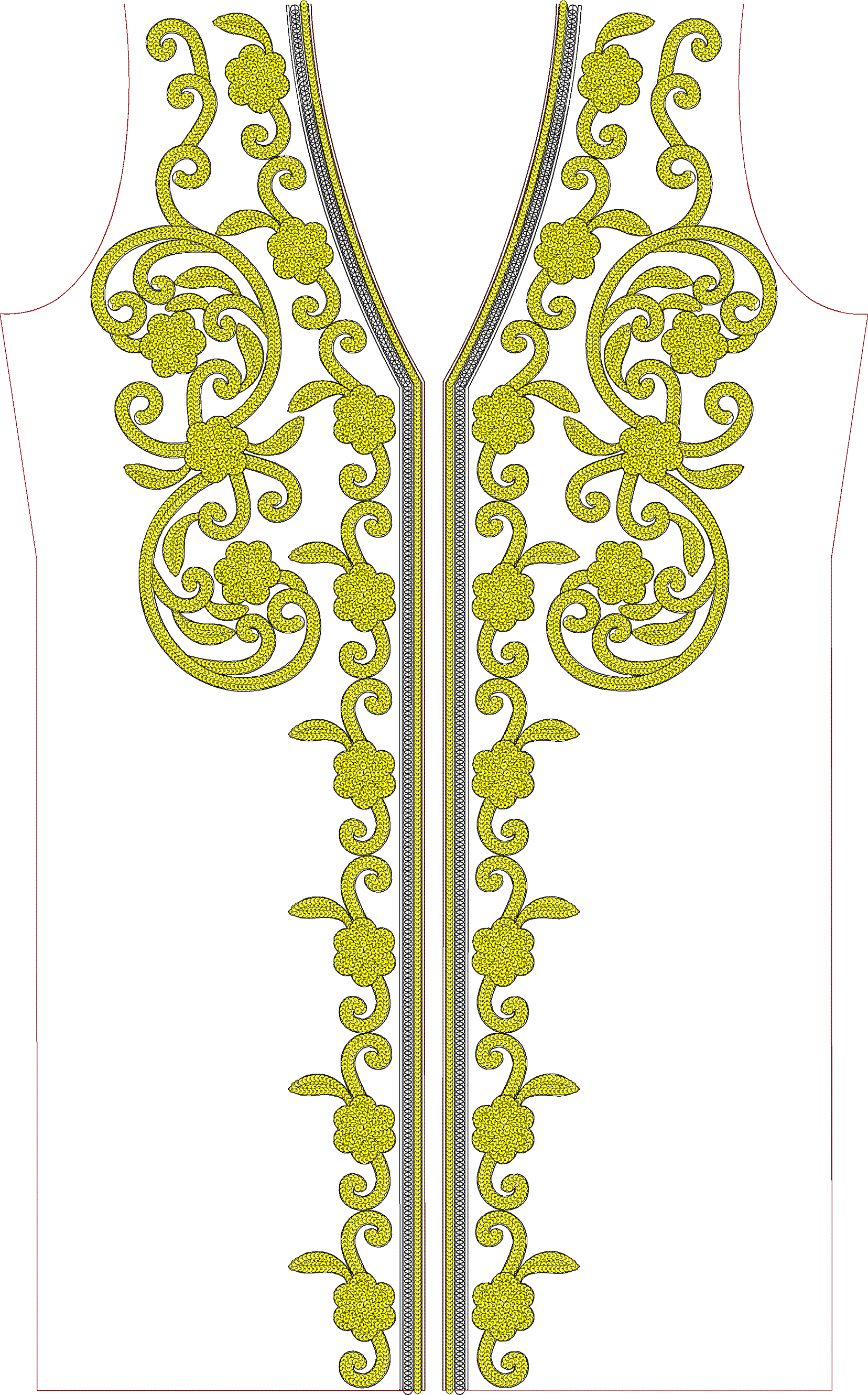 Embroidery design: A symmetrical neckline embroidery design with yellow floral and scrollwork motifs, bordered by thin black and white stri